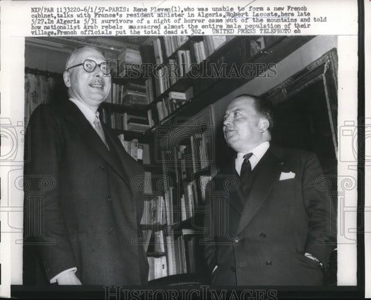 1957 Press Photo Paris Rene Pleven & Robert Lacoste of French cabinet