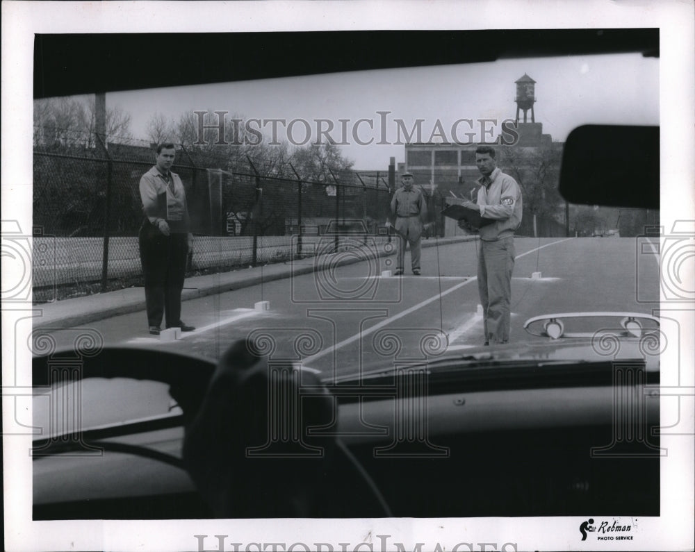 1957 Press Photo Safety check of auto drivers at test station