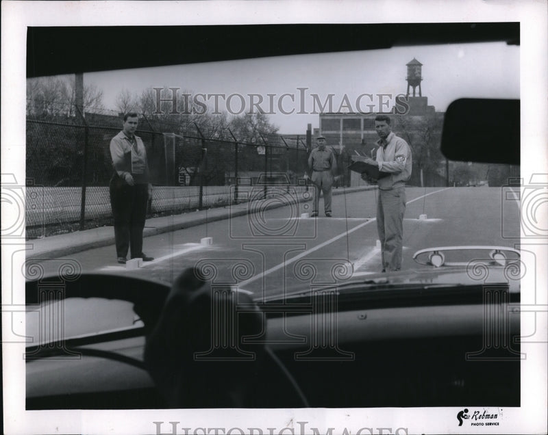 Load image into Gallery viewer, 1957 Press Photo Safety check of auto drivers at test station
