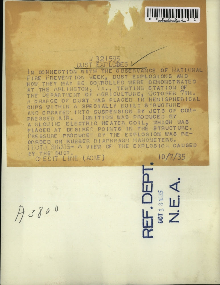 1935 Press Photo Dust explosion demonstrated in Arlington Va