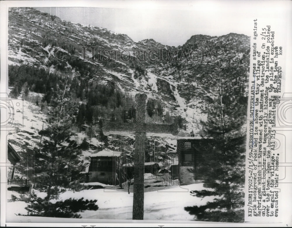 1959 Press Photo Ice landslide approaches village of Herbriggen Switzerland- Historic Images