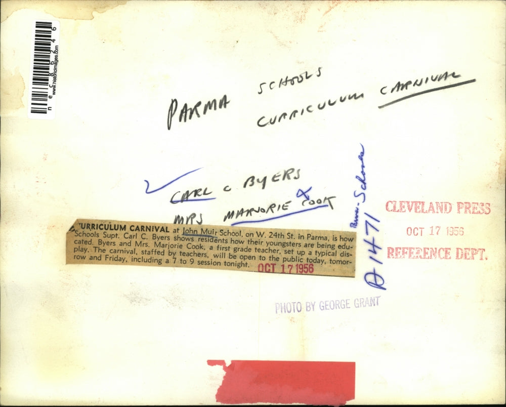 1956 Press Photo Parma Ohio Joihn Muir school, Carl C Byers Mrs M Cook