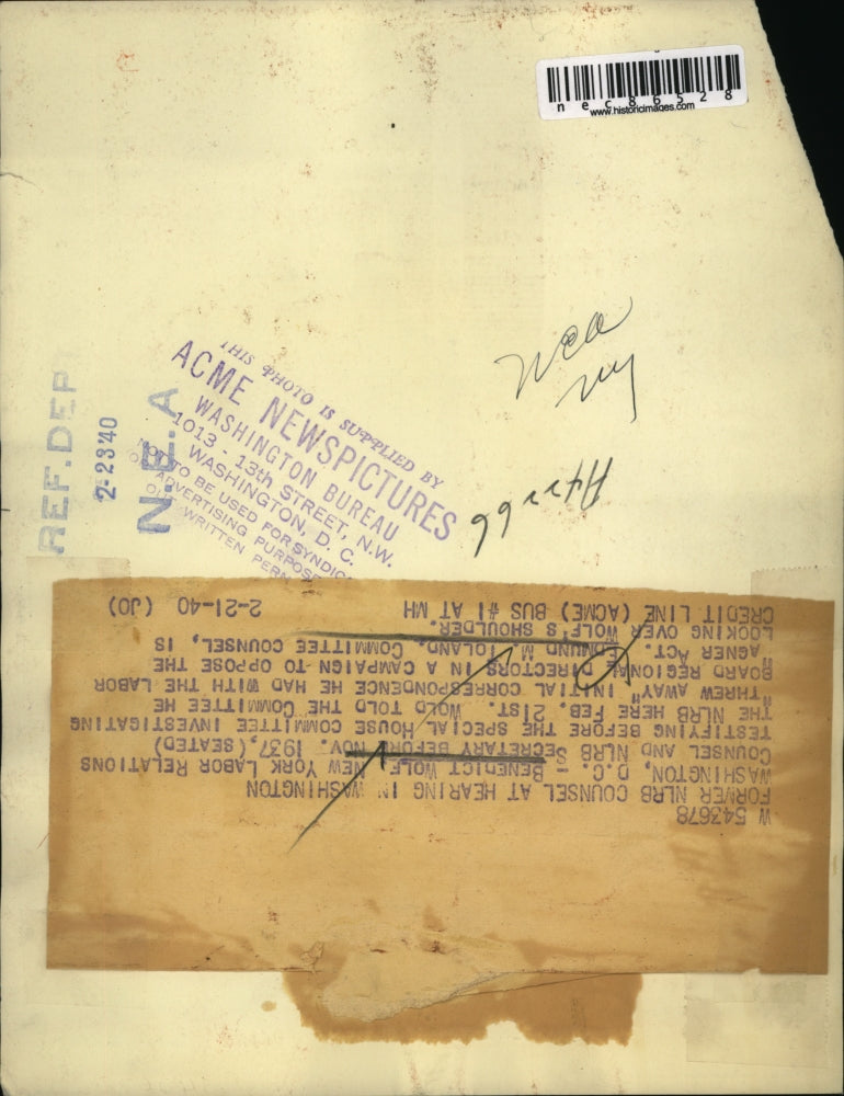 1940 Press Photo Washington DC Benedict Wolf New York Labor Relations Counsel