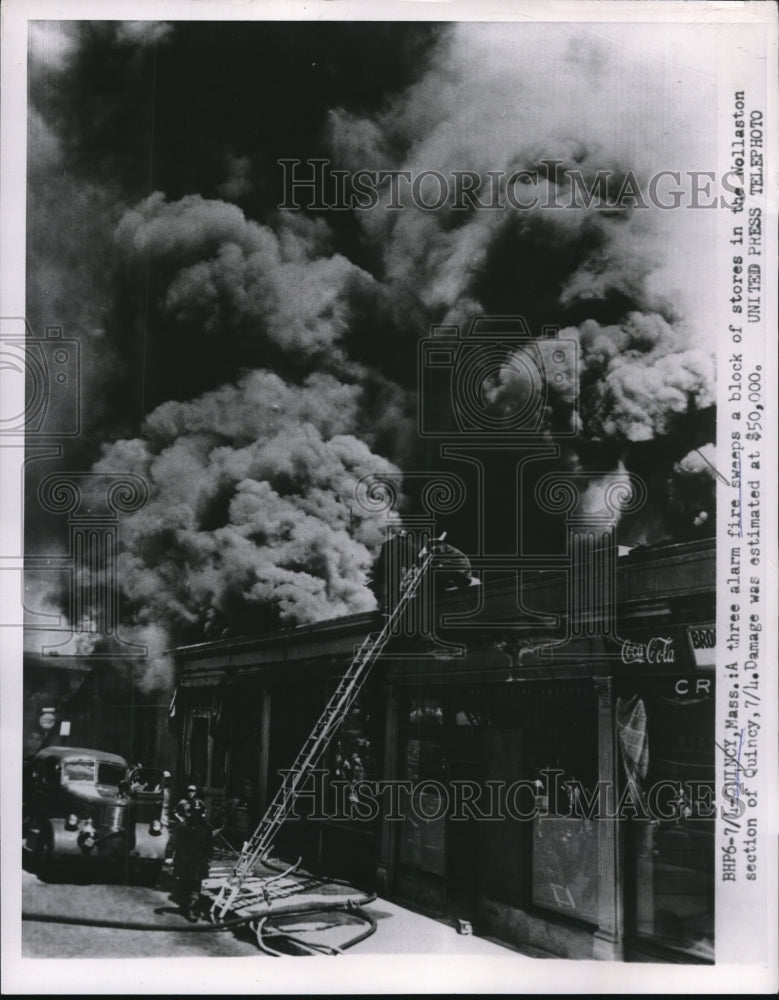 1953 Press Photo Three alarm fire in Wollaston section of Quincy