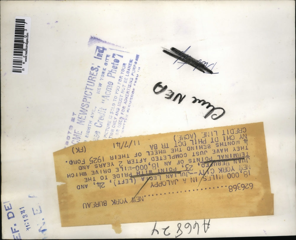 1941 Press Photo Julian Legia and Julian Rebuffo after 18mile drive in 1925 Ford