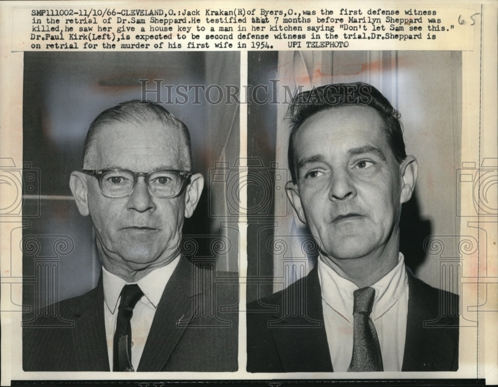 1966 Press Photo Cleveland O Jack Krakan, Dr Sam Kirk witnesses at Sheppard trial- Historic Images