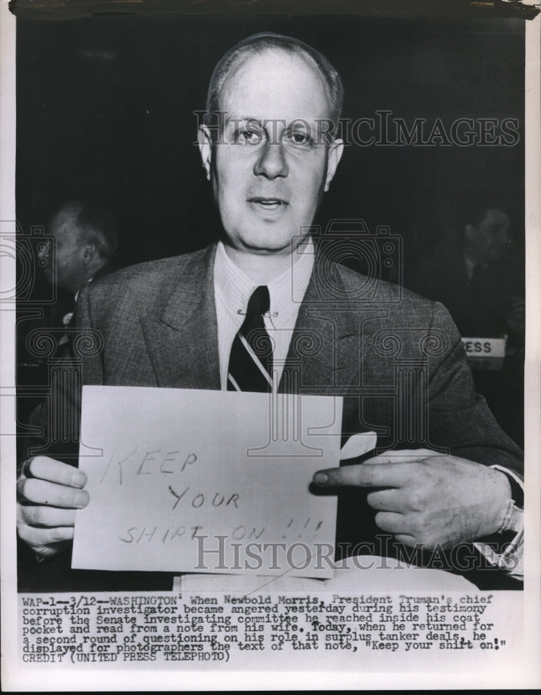 1952 Press Photo Wash DC Newbold Morris Pres Truman&#39;s investigator for corruption- Historic Images