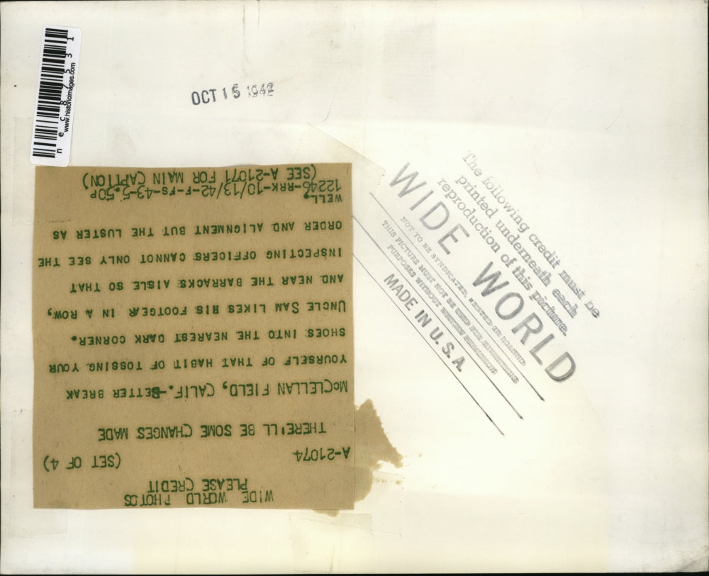 1942 Press Photo Shoes Displayed in Barracks Aisle at McClellan Field