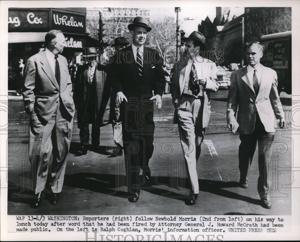 1952 Press Photo Newbold Morris followed by reporters after he was fired in DC