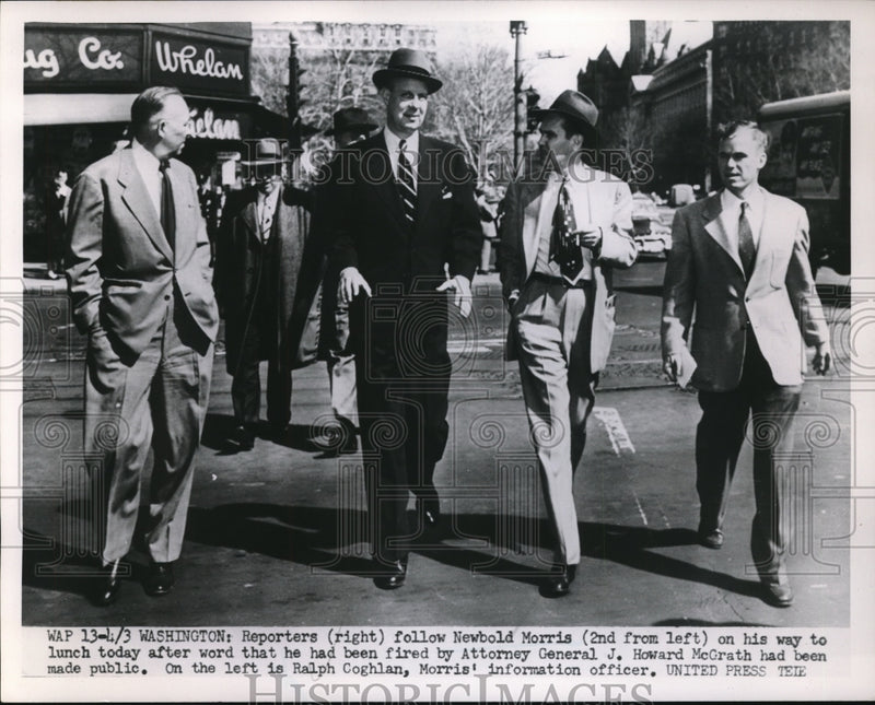 Load image into Gallery viewer, 1952 Press Photo Newbold Morris followed by reporters after he was fired in DC
