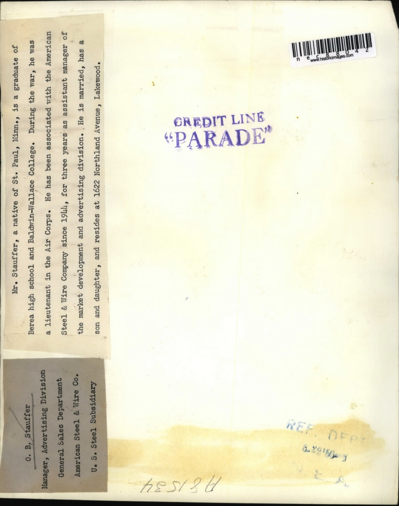 1950 Press Photo OB Stauffer mgr of Sales for American Steel & Wire Co