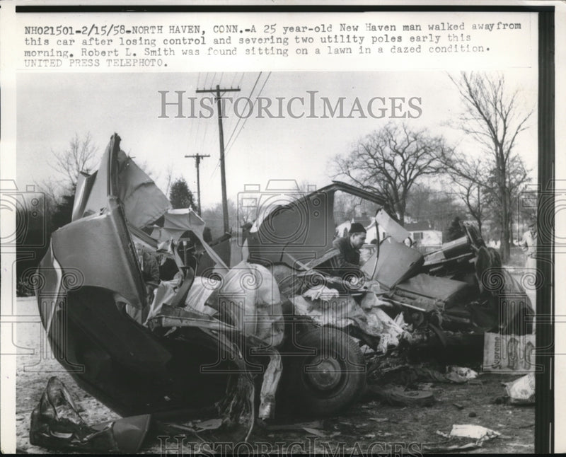 Load image into Gallery viewer, 1958 Press Photo North Haven Conn wreckage of car smashed into utility poles
