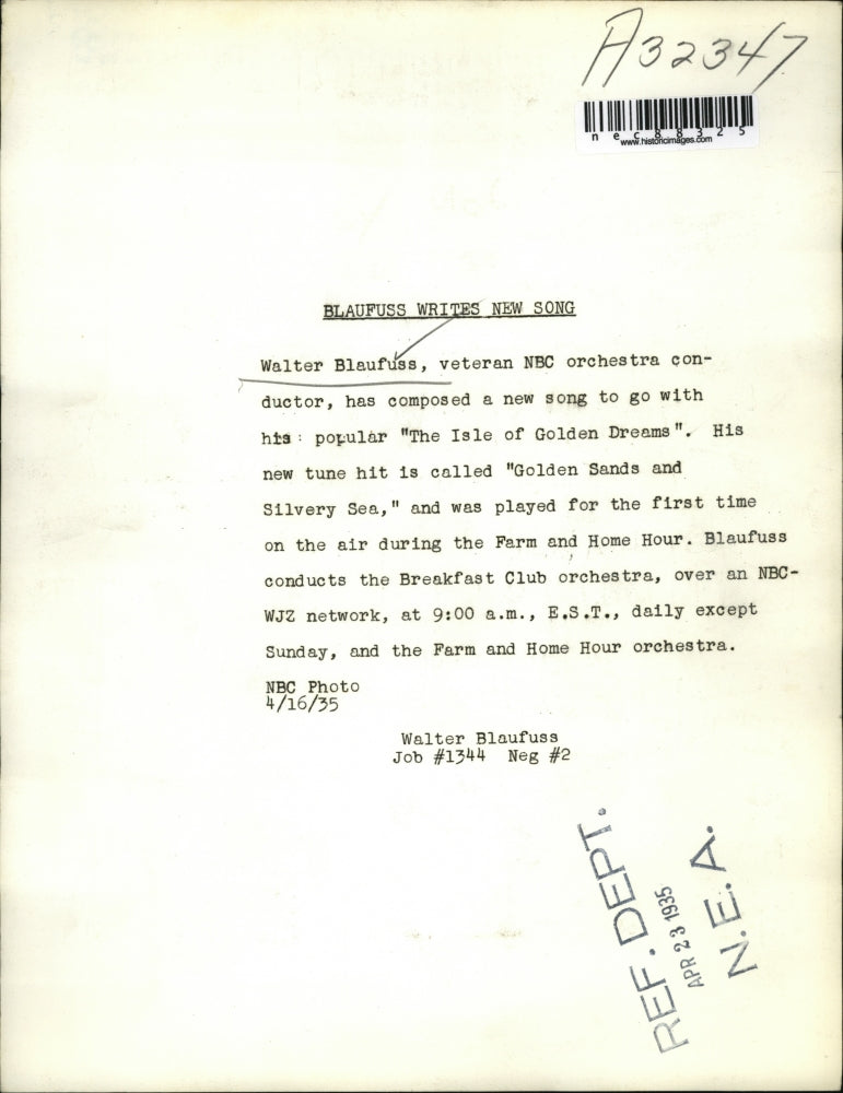 1935 Press Photo Walter Blaufuss, Veteran NBC Orchestra Conductor