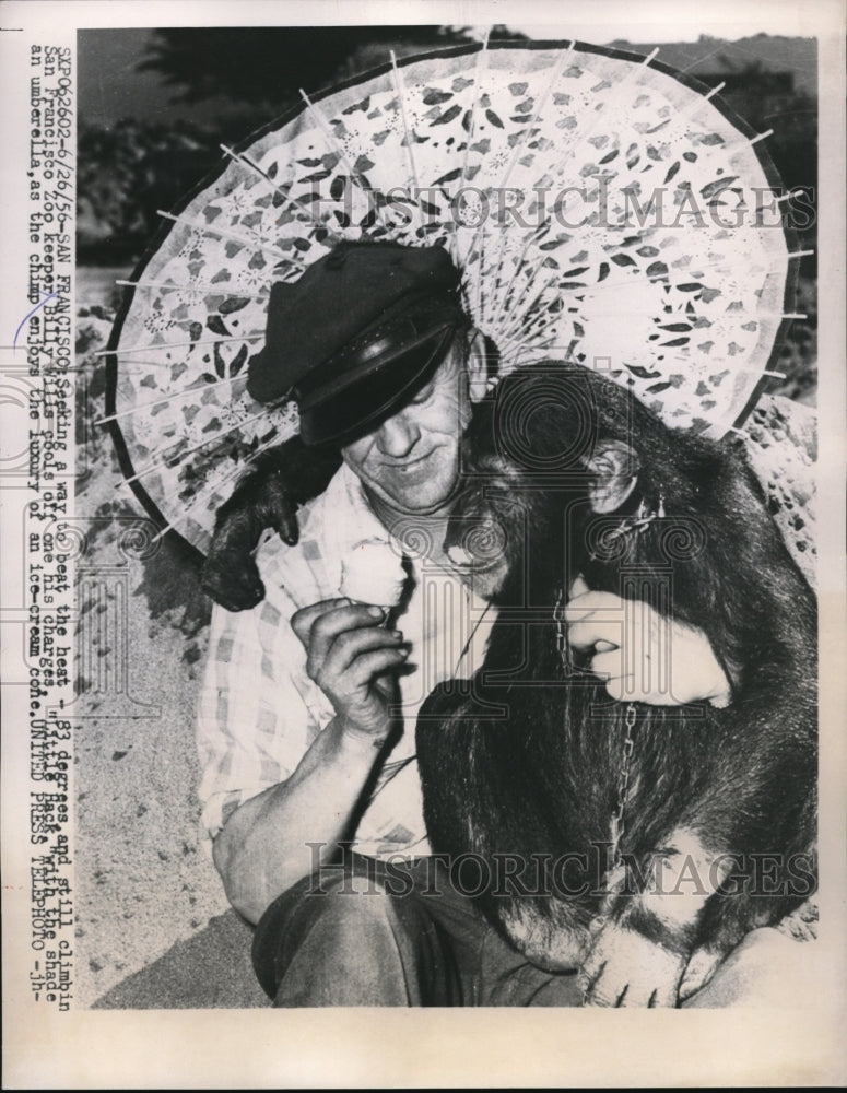 1956 Press Photo San Francisco zoo keeper Bill Wills & a chimp