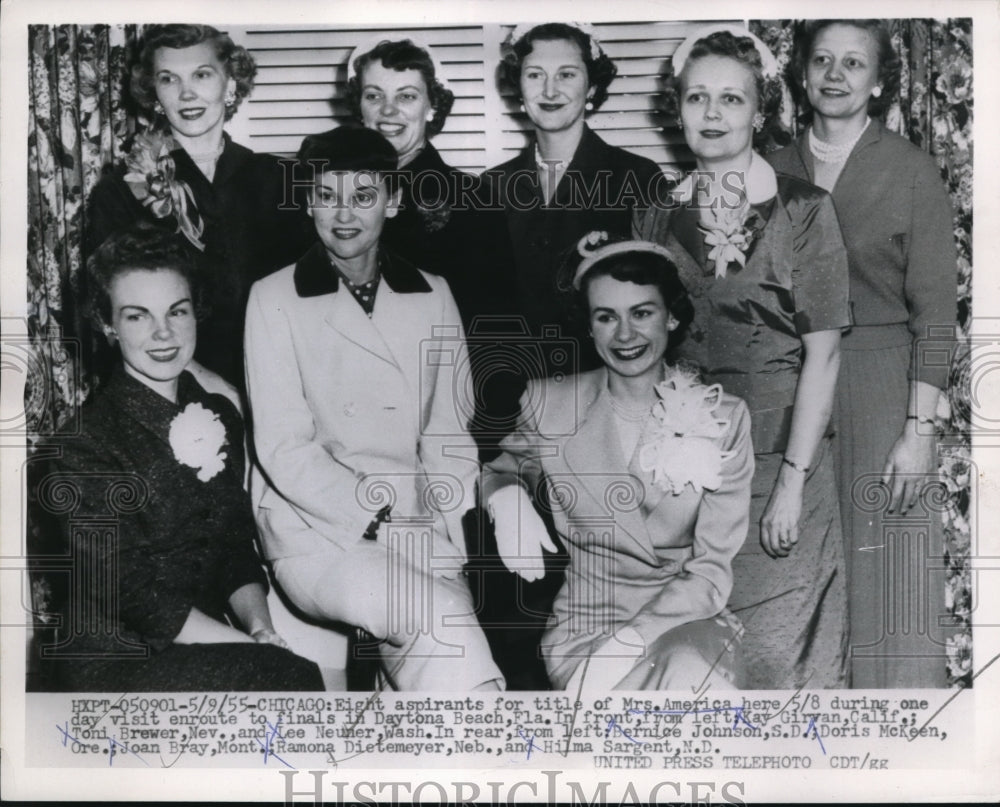 1955 Press Photo ChicagoMrs America pageant, K Girman,T Brewer,L Neuner