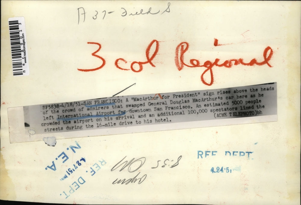 1951 Press Photo San Francisco crowds of supporters for MacArthur for Pres.