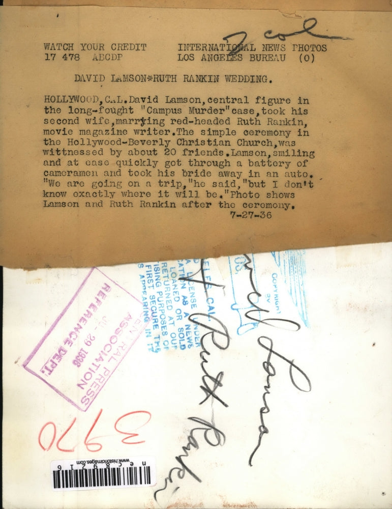 1936 Press Photo David Lamson marrying his second wife,Ruth Rankin