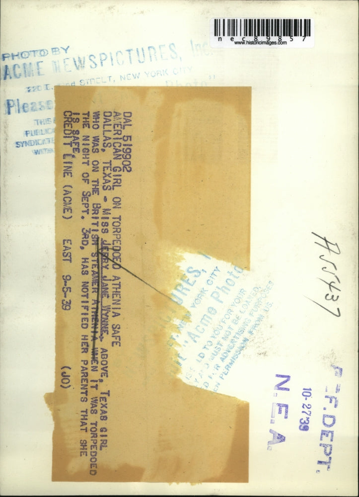 1939 Press Photo Dallas Texas Jerry Jane Wynne safe after ship was torpedoed