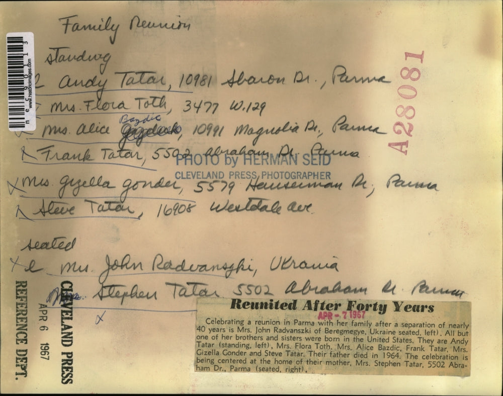 1967 Press Photo Andy Tatar, Mrs Toth, Mrs Bazdic,F Tatar, Mrs Gonder, S Tatar