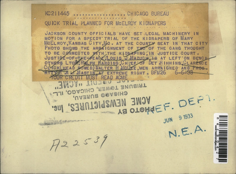 Load image into Gallery viewer, 1933 Press Photo A quick trial planned for the McElroy Kidnappers
