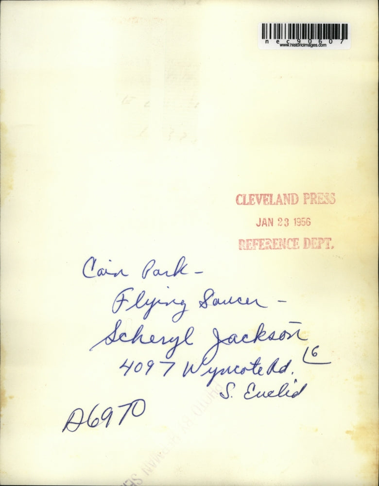 1956 Press Photo Scheryl Jackson on flying saucer at Cain Park