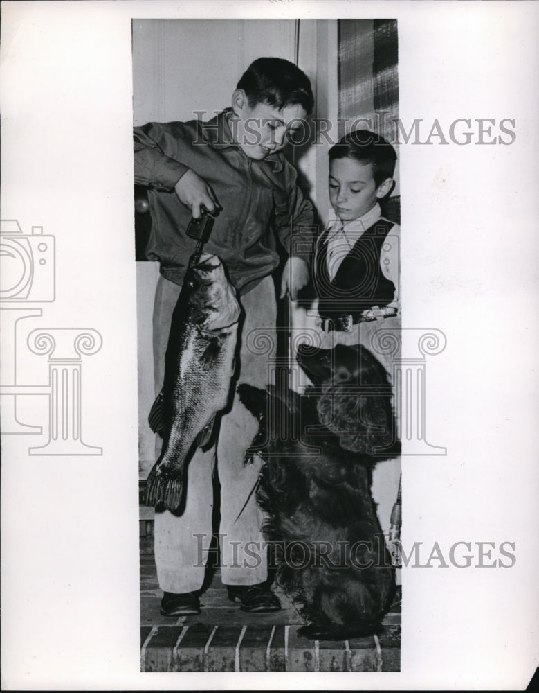 Load image into Gallery viewer, 1952 Press Photo Warfen &amp; Gary Cameron &amp; their catch of fish &amp; their dog
