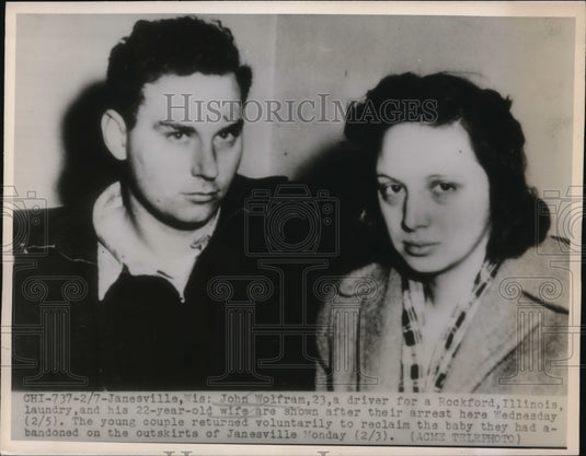 1947 Press Photo Janesville Wis John Wolfram & wife arrested abandoned baby