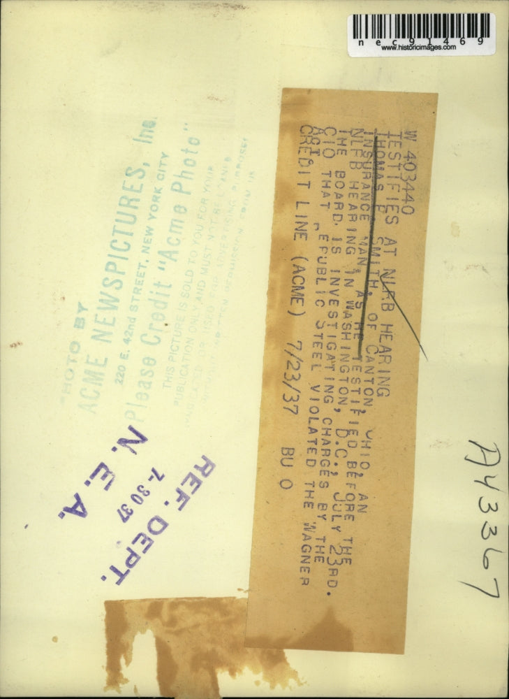 1937 Press Photo Thomas P. Smith Testifies at NLFB Hearing in Washington, D.C.