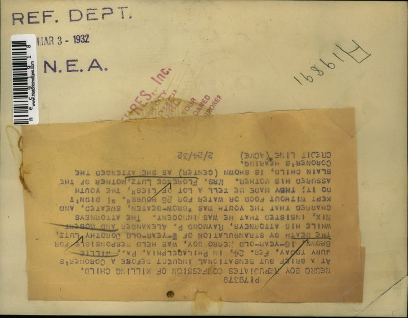 Load image into Gallery viewer, 1932 Press Photo 16 yr old Willie Brown denies killing 7 yr old Dorothy Lutz
