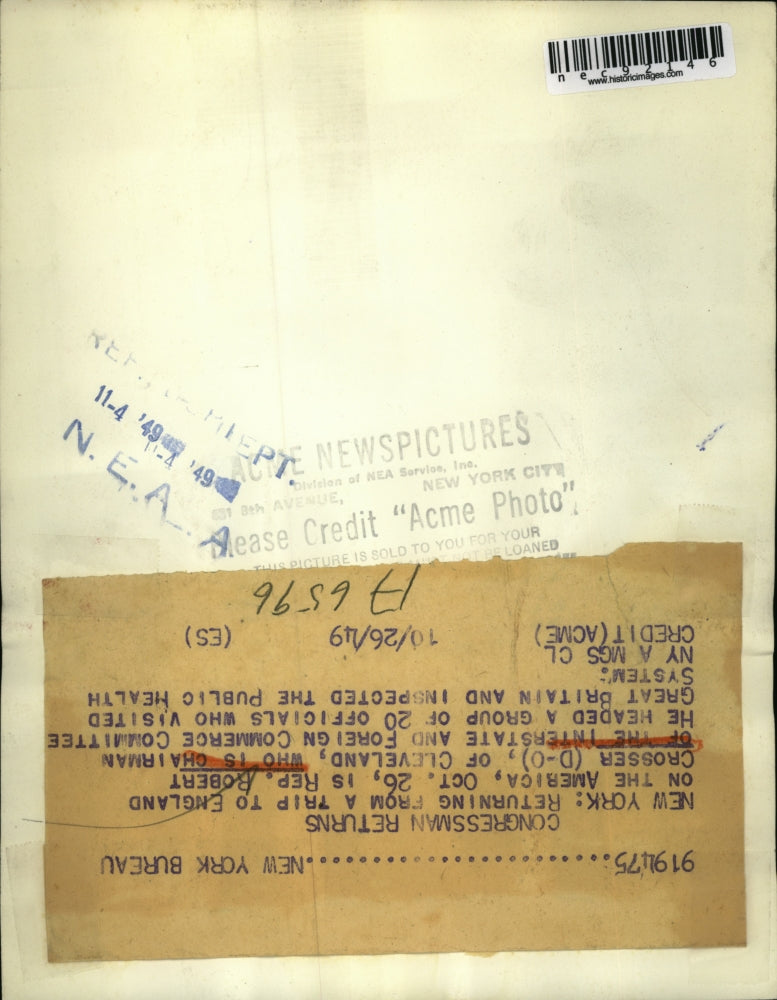 1949 Press Photo Cleveland Rep. Robert Crosser returns from England trip