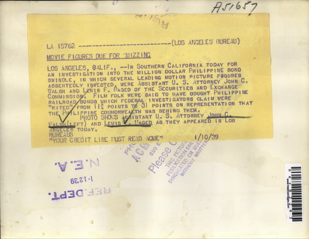 1939 Press Photo LA Calif Asst US DA John C Walsh, Lewis Maged atty - nec92243