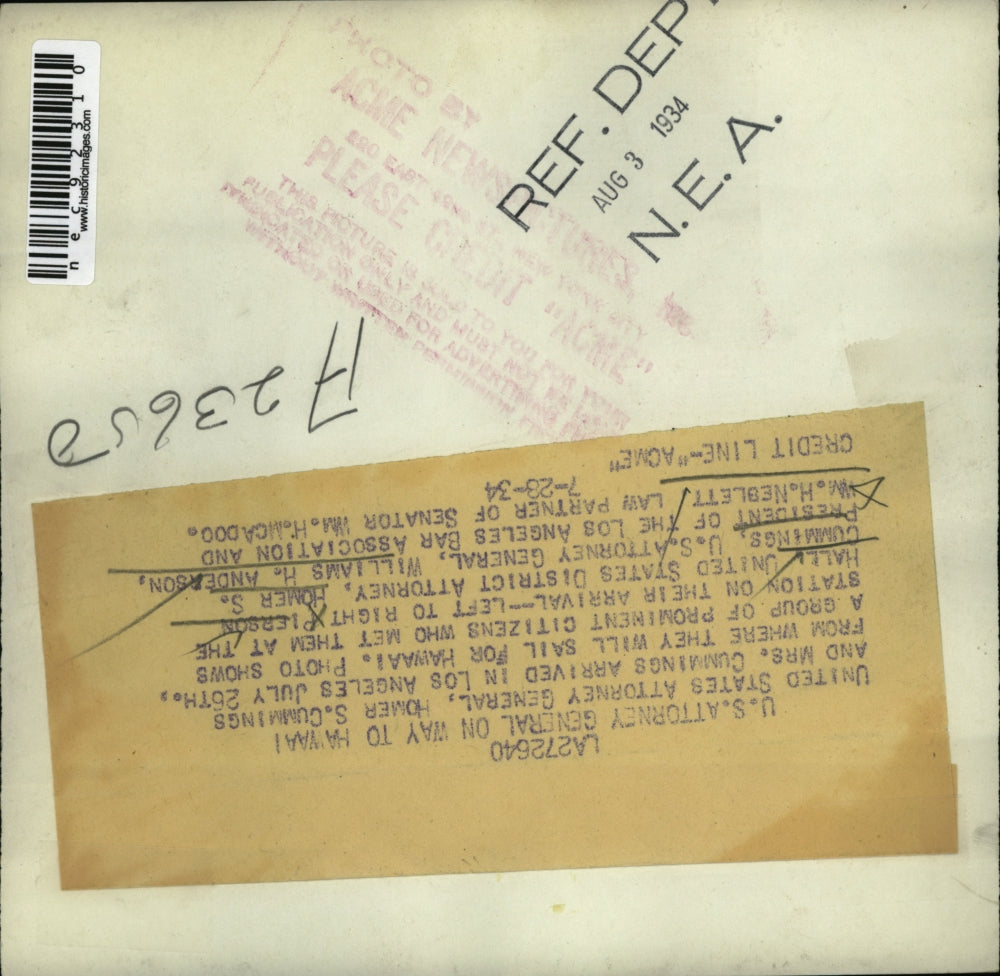 1934 Press Photo U S Attorney General Cummings & Mrs Cummings arrive in L A