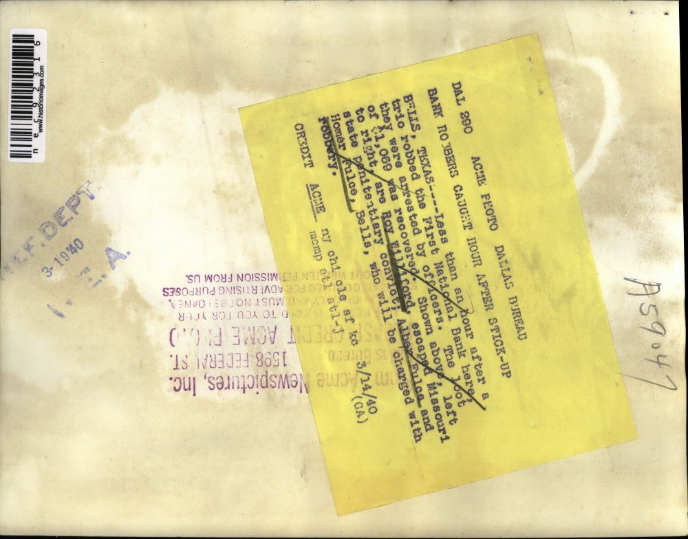 1940 Press Photo Bank Robbers Alber and Homer Fulce Roy Williford in Bells Texas