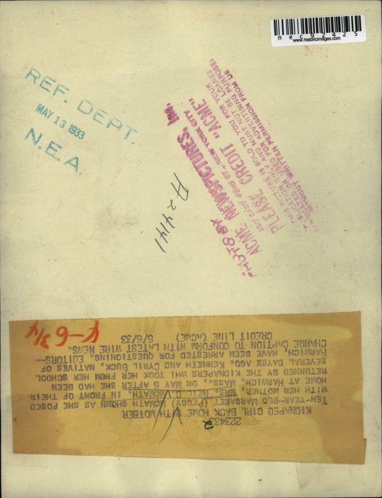 1933 Press Photo Mrs Neil McMath & daughter returned by kidnappers