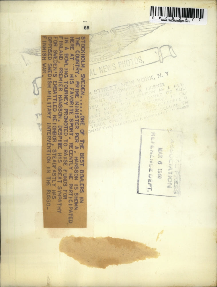 1940 Press Photo Prime Minister Hanson is one of the best bowler in Sweden