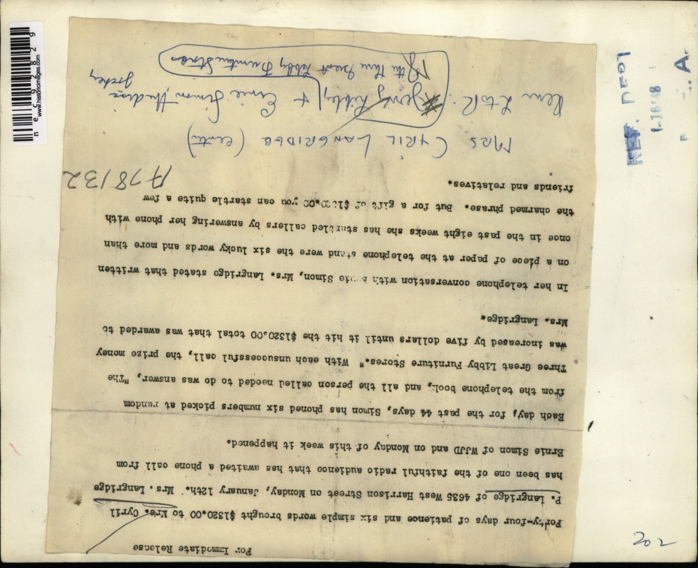 1948 Press Photo Mrs Cyril Langridge WJJD radio, Ernie Simon contest