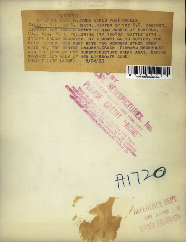 1933 Press Photo apt William S Heath of SS Madison after 2 day battle in storms