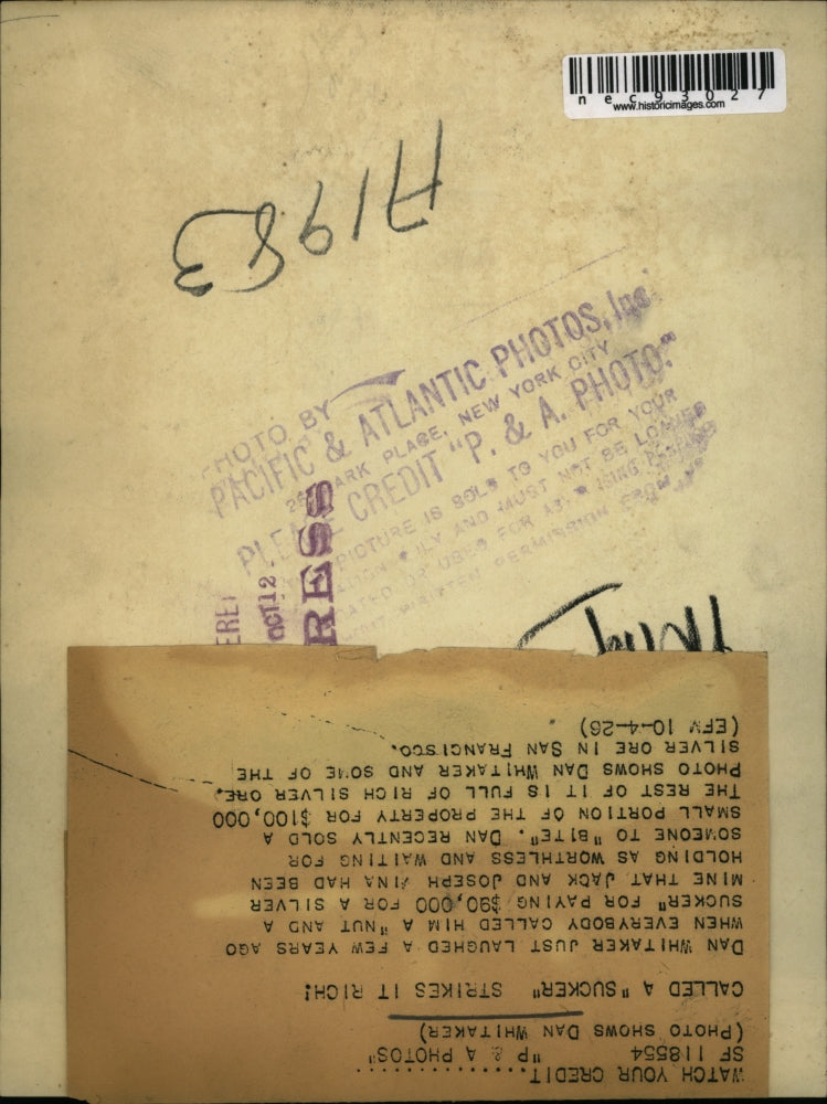 1923 Press Photo an Whitaker owner of silvermine near San Francisco