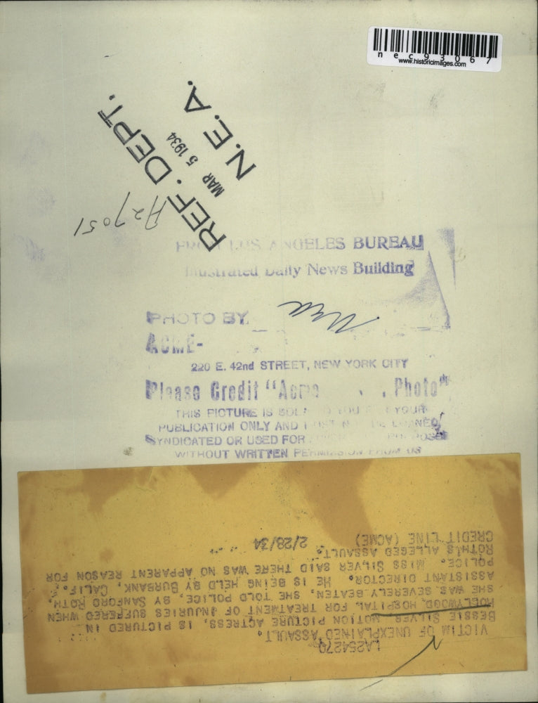 1934 Press Photo Bessie Silver in Hospital After Assault