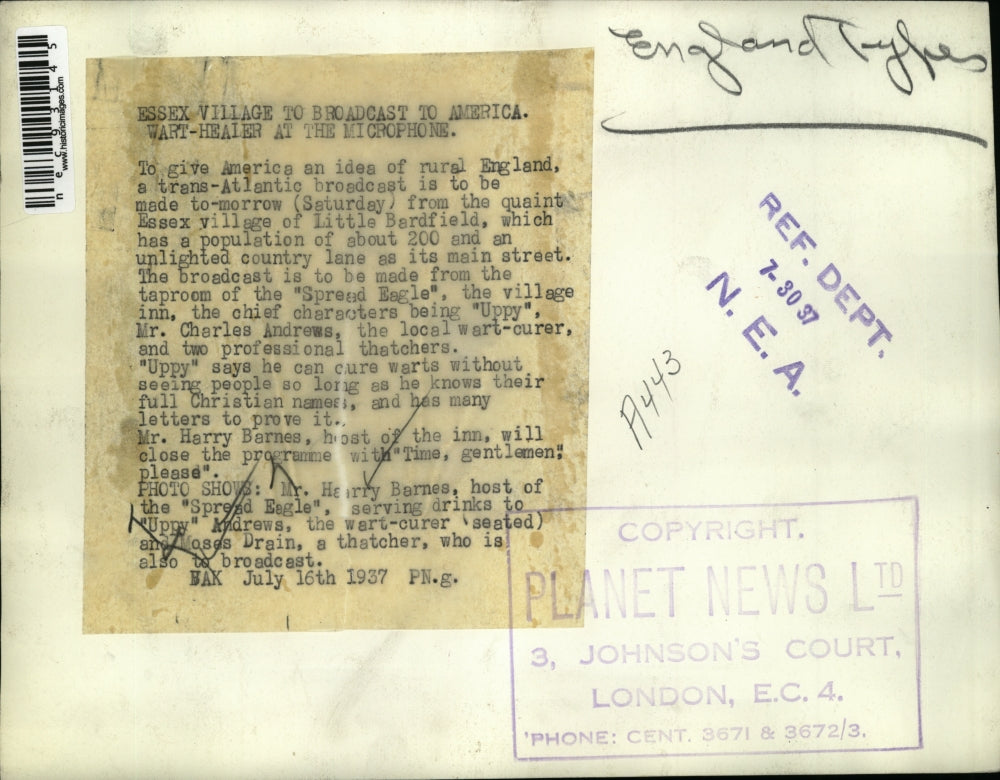 1937 Press Photo A trans-Atlantic broadcast to be made from Essex village
