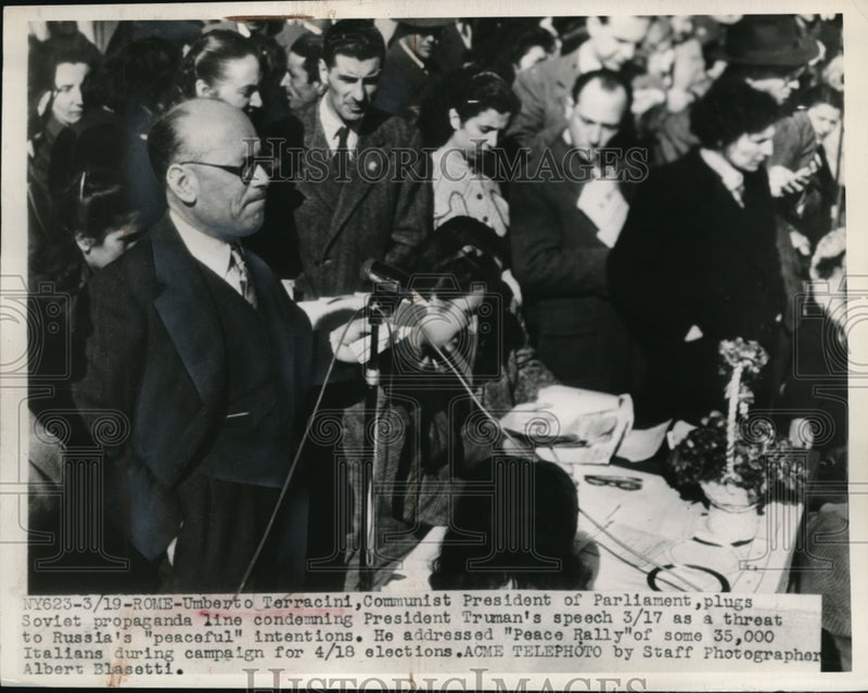 Load image into Gallery viewer, 1948 Press Photo Rome Italy Umberto Terracini Communist Pres at Peace Rally
