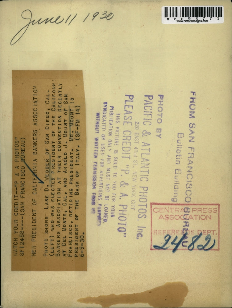 1930 Press Photo Lane D Webber of San Diego pres of Bankers Assoc