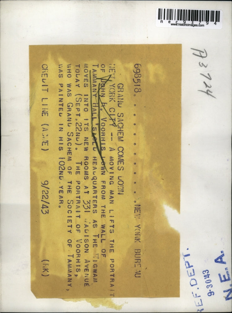 1943 Press Photo John R Voorhis Portrait in Tammany Hall New York City