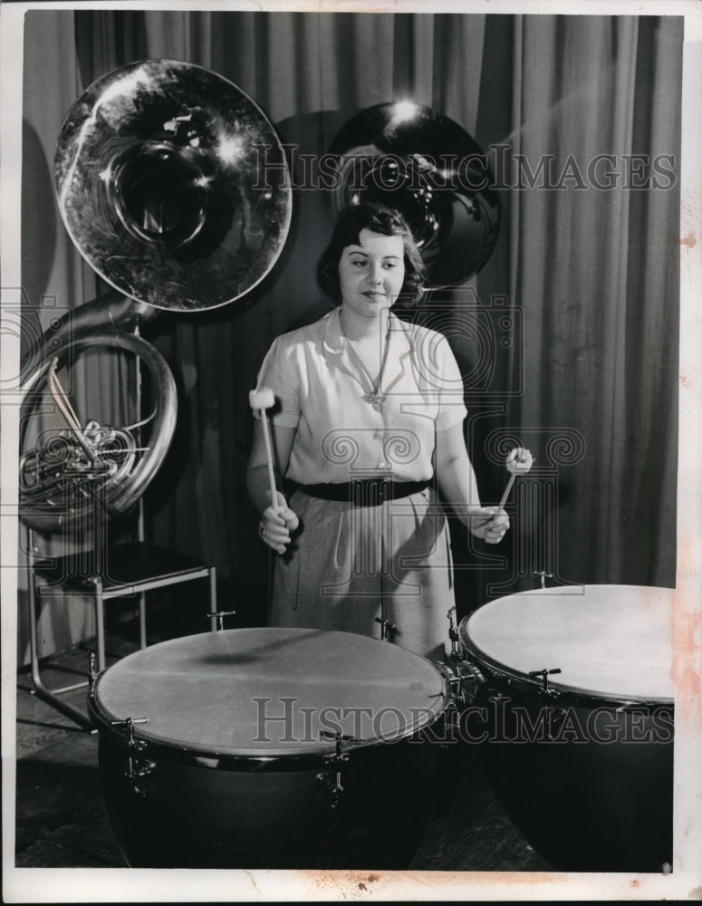Load image into Gallery viewer, 1953 Press Photo Arlene Pepple playing drums at Brauge School
