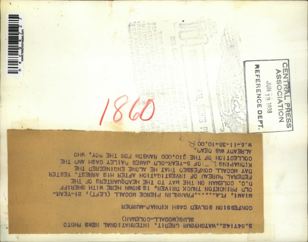 1938 Press Photo Franklin Pierce McCall, kidnapper of James Bailey - nec94727