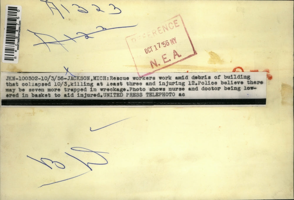 1956 Press Photo Jackson Mich, Building collapsed under construction killed 3