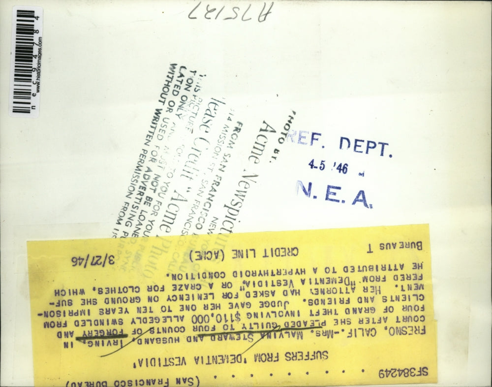 1946 Press Photo Fresno Calif Mrs Malvinya Steward & husband Irv, forgery charge