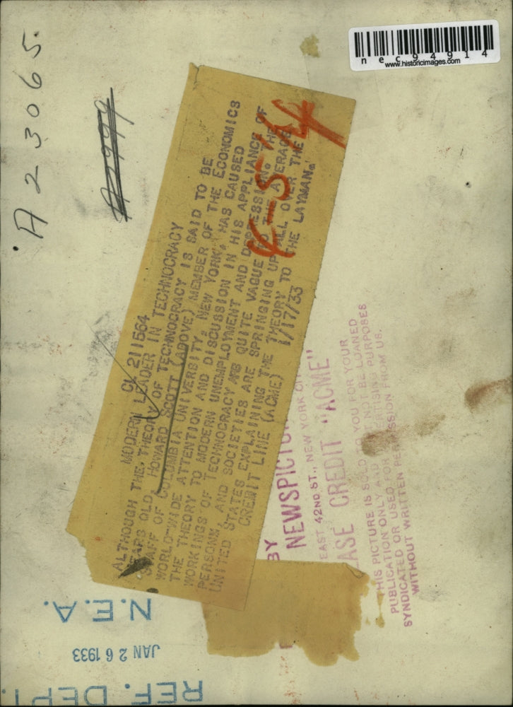 1933 Press Photo Howard Scott on Modern Unemployment and Depression theory