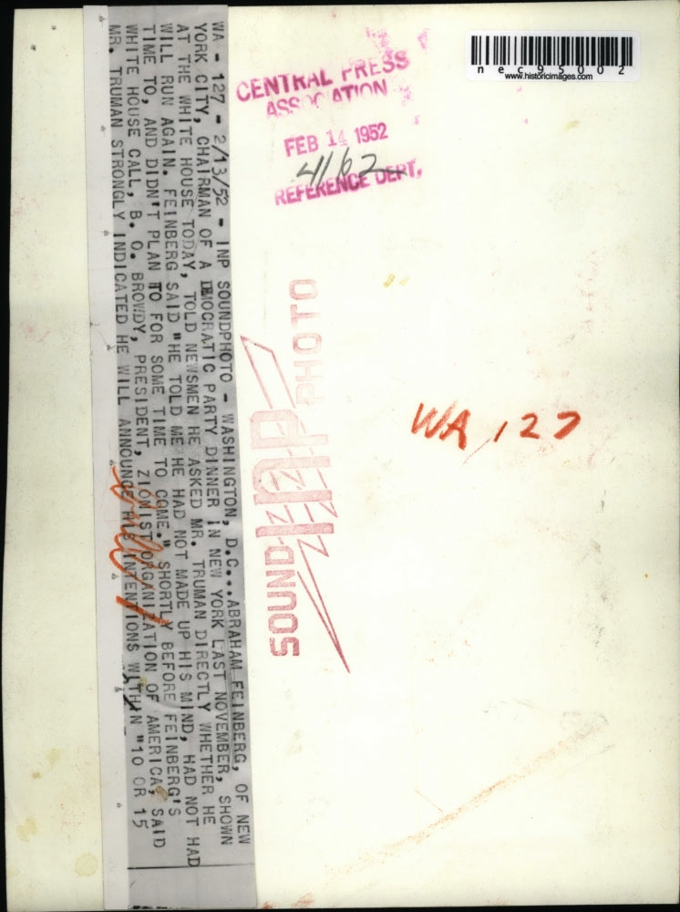 1952 Media Photo Abraham Feinberg Chairman Democratic Party Dinner New York