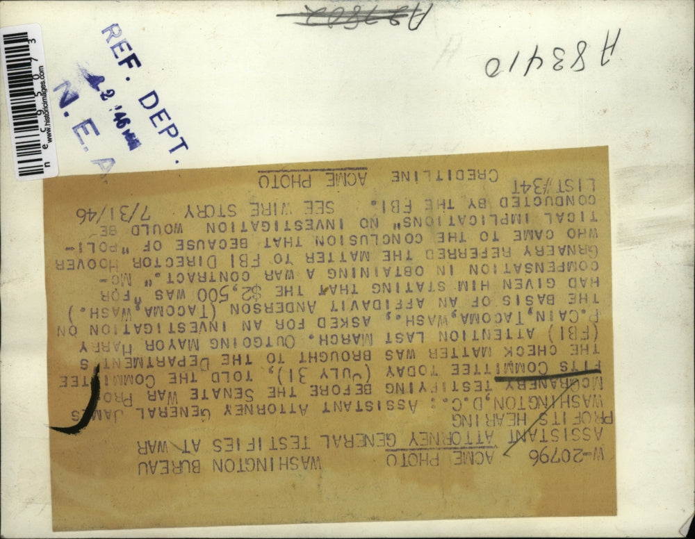 1946 Press Photo Asst Atty Gen James McGreanery testifies at war